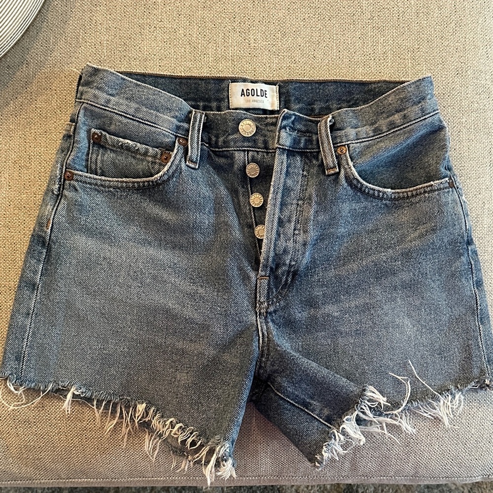 Agolde Blue Frayed Hem Denim Shorts